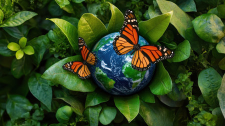 Earth cradled in leaves and butterflies, a soft vision of environmental peaceの素材