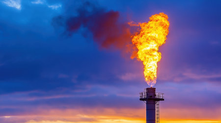 Fiery gas flare towers over an industrial plant silhouetted by a dramatic sunset skyの素材