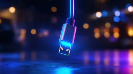 Futuristic USB Type-C glowing with neon blue light, suspended in darkness, tech innovation conceptの素材