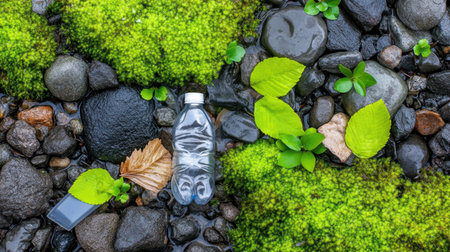 Green moss and natural textures interrupted by bright plastic waste, top-down viewの素材