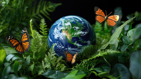Peaceful globe nestled in green sprigs, butterflies suspended mid-flightの素材