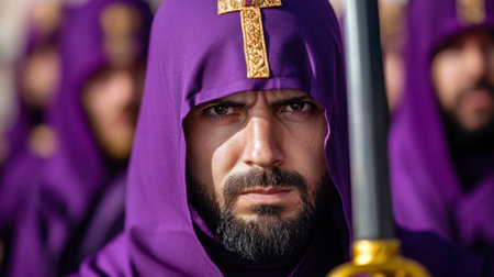 Intense expressions of hooded marchers in a solemn religious procession with purple attire and sacred symbolsの素材