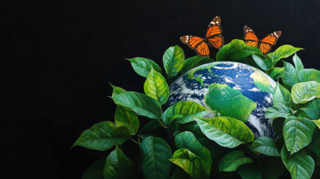 Peaceful green leaves and butterflies resting on a globe of Earthの素材