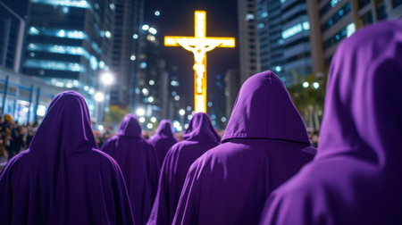 Shadowy figures in purple hoods march under city lights, crucifix glowing during nighttime Holy Week eventの素材
