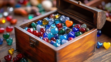 Jewelry box overflows with multicolored glass hearts and beads in warm artisan settingの素材