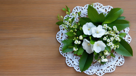 Romantic floral arrangement centered on a vintage lace doily on a wooden surfaceの素材