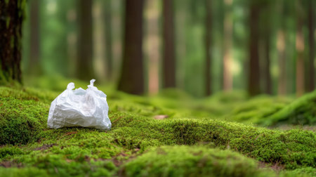 Post-picnic scene with plastic packaging cluttering beautiful forest moss groundの素材
