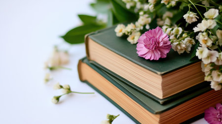 Top-down composition of a book stack with fresh blooms scattered aroundの素材
