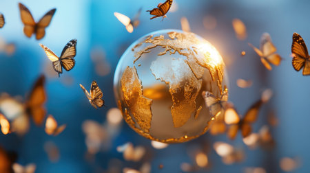 A golden Earth globe surrounded by butterflies in flight, symbolizing global peace and unityの素材