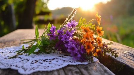 A delicate bouquet of wildflowers resting on a lace doily, glowing softly in morning sunlightの素材