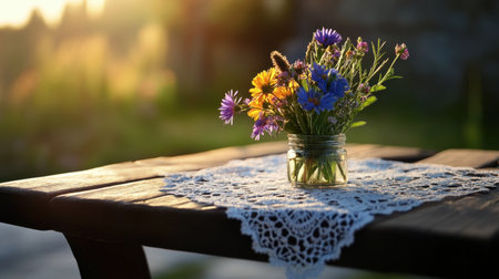 A delicate bouquet of wildflowers resting on a lace doily, glowing softly in morning sunlightの素材