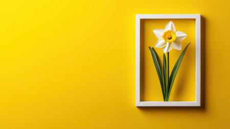 A single daffodil placed inside frame pops on lemon yellow backgroundの素材