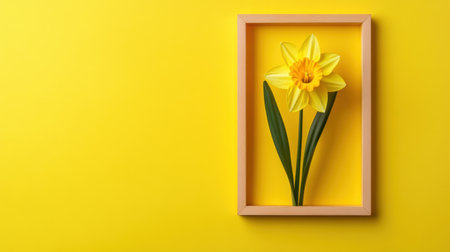 A single daffodil placed inside frame pops on lemon yellow backgroundの素材