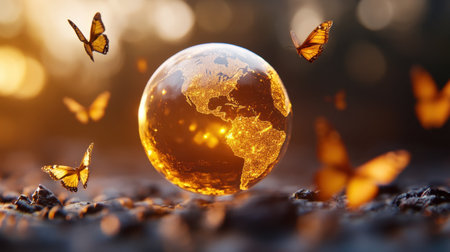 A glowing golden Earth surrounded by flying butterflies on a soft, warm backdropの素材