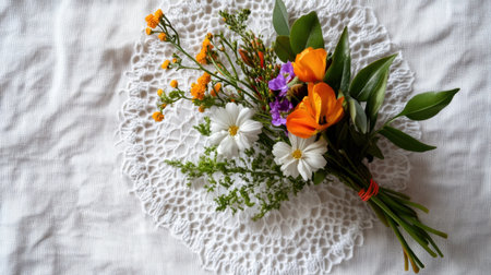 A top-down view of fresh flowers atop a white lace doily, with gentle lightingの素材