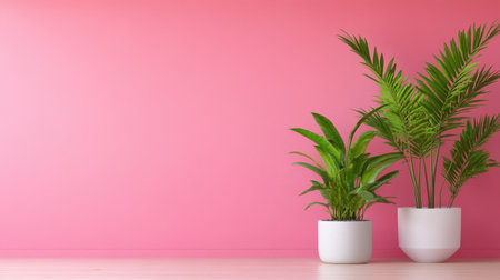 A cheerful scene of three indoor plants with a pink wall backdropの素材