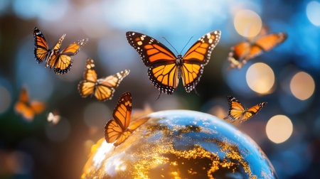 Butterflies circling a radiant golden globe of Earth, representing harmony and sustainabilityの素材
