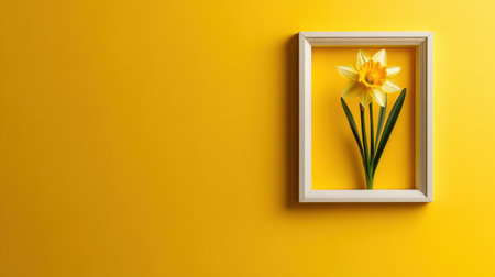 A single daffodil placed inside frame pops on lemon yellow backgroundの素材