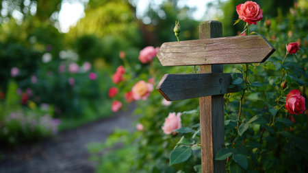 An aged wooden signpost points in various directions amidst a lush rose garden in full bloom, under soft morning lightの素材