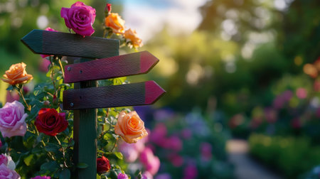 An old signpost with arrows pointing to dreamlike destinations, surrounded by colorful rose blossomsの素材