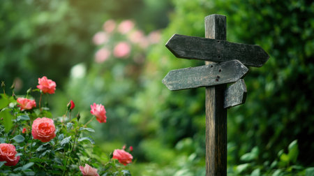 An aged wooden signpost points in various directions amidst a lush rose garden in full bloom, under soft morning lightの素材