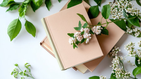 Books layered with sprigs of blush blooms and soft foliage, flat lay styleの素材