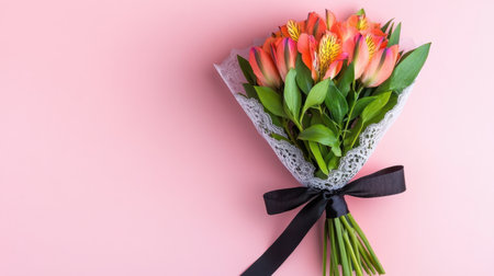 A tender bouquet of alstroemeria in lace wrapping with a bold black ribbon, shot on a pastel backdropの素材