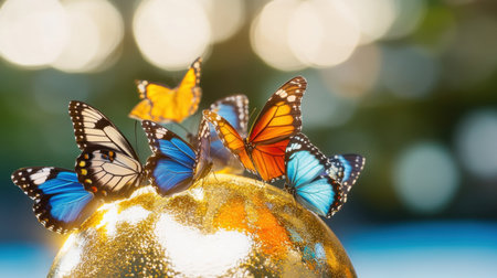 Butterflies resting on a luminous golden Earth globe, promoting peace and global careの素材