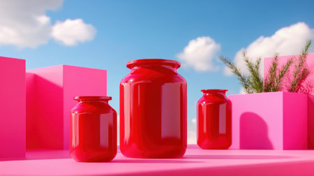 Artistic setup of glossy red jars centered on a pink fieldの素材