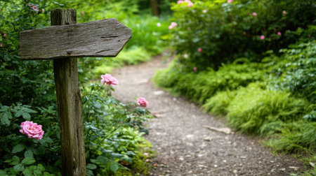 A path through roses leads to a timeworn wooden signpost, a picture of nostalgia and nature beautyの素材