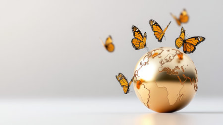 Artistic rendering of a golden Earth globe with butterflies representing hope and ecologyの素材