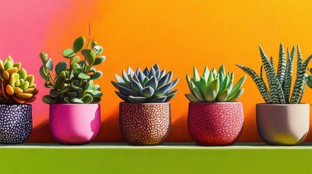 Charming succulents in ceramic pots, showcasing texture and shape on a bright backdropの素材