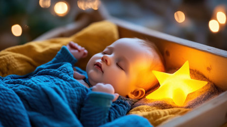 Baby Jesus in simple wooden cradle glowing under the Christmas starの素材