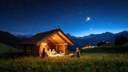 Christmas celebration with nativity characters in wooden stable under star-lit skyの素材