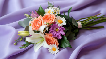 Bouquet of roses, lilies, and daisies resting on soft purple drapeの素材