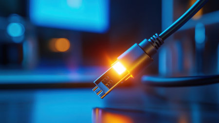 Bright USB Type-C tip glows like a beacon in total darkness, symbolizing future technology and speedの素材