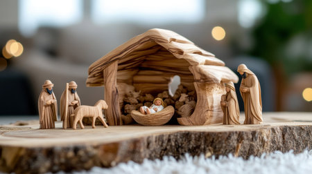 Christian nativity art with shepherds and wise men around newborn Christ in wooden sceneの素材
