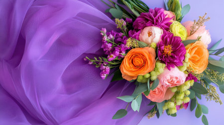 Vivid bouquet of fresh flowers cascading over soft sheer purple fabricの素材
