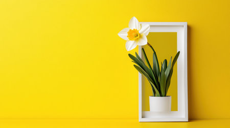 Artistic daffodil presentation within a slim frame against yellowの素材