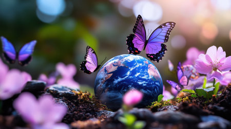 Blossoms and purple butterflies gather around Earth in a tranquil garden sceneの素材