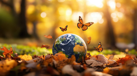 Warm autumn leaves and butterflies surrounding Earth on a yellow, sunlit backgroundの素材
