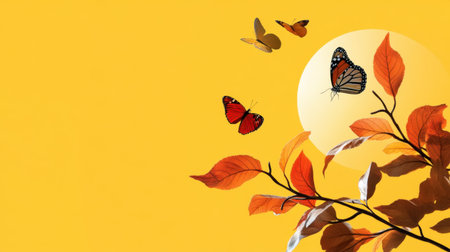 Butterfly-laced autumn leaves circling Earth, all set against a bright yellow backgroundの素材