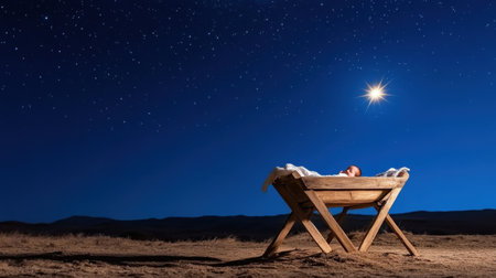 Wooden manger cradling newborn Jesus beneath radiant star in a deep blue night skyの素材