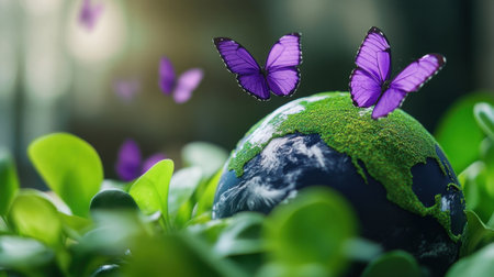 Vivid purple butterflies dancing around Earth nestled in greeneryの素材