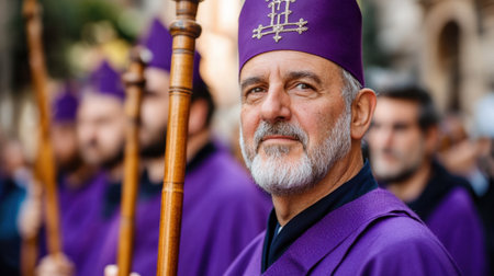 Young and old united in purple robes, holding wooden staffs in a religious ritual through Spanish cityscapeの素材