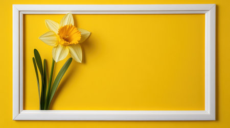 Vivid yellow setting with daffodil in a white-bordered frameの素材