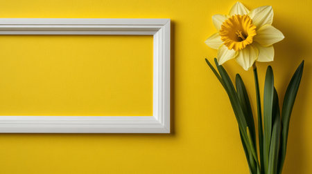 Vivid yellow setting with daffodil in a white-bordered frameの素材