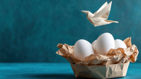White eggs nestled in crumpled brown paper with beige origami bird above on turquoise backdropの素材
