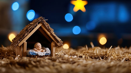Wooden nativity cradle holding baby Jesus under Christmas star in dark peaceful nightの素材