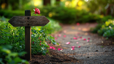 Weathered direction sign nestled in a rose garden path, bathed in golden hour light and surrounded by petalsの素材
